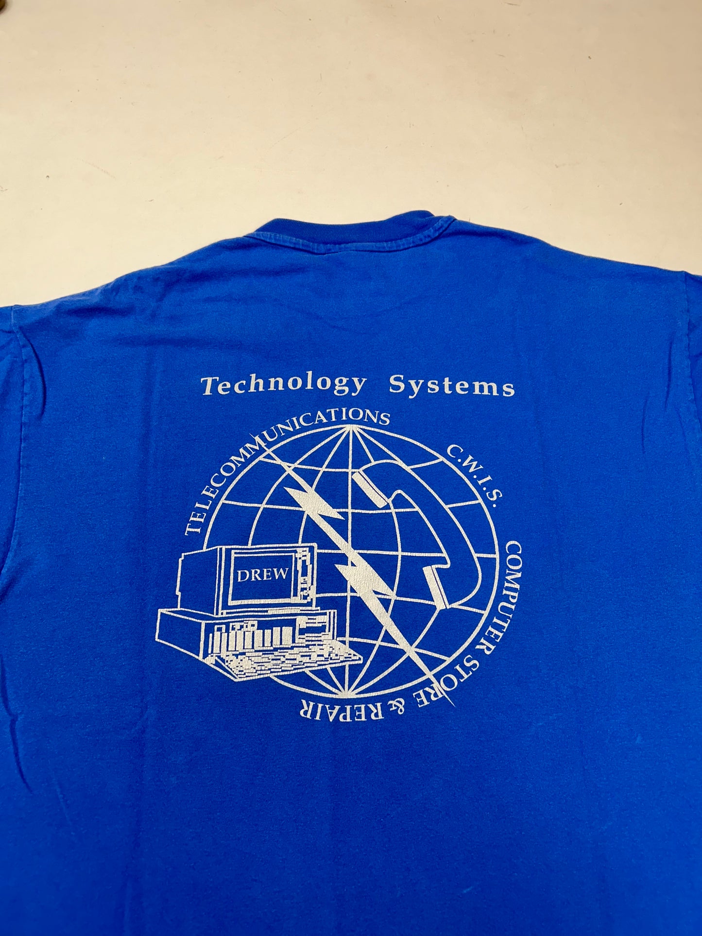Vintage Drew University Technology Systems Telecommunications C.W.I.S. Computer Store & Repair Tee XL 23.25x28.25 Inches Worn As Is