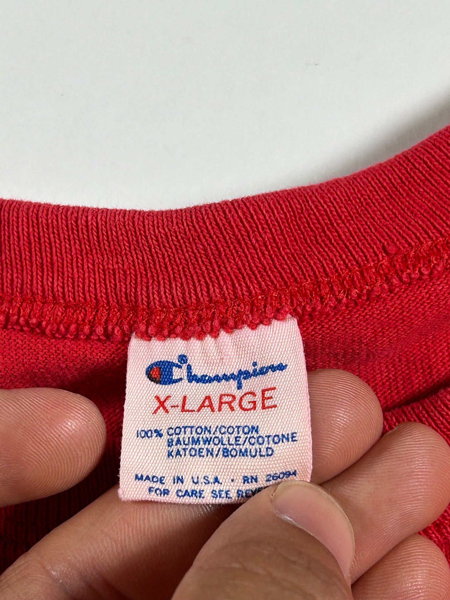 Vintage Champion Chest Script Logo Tee L/XL USA 22.25x31 Inches Red As Is
