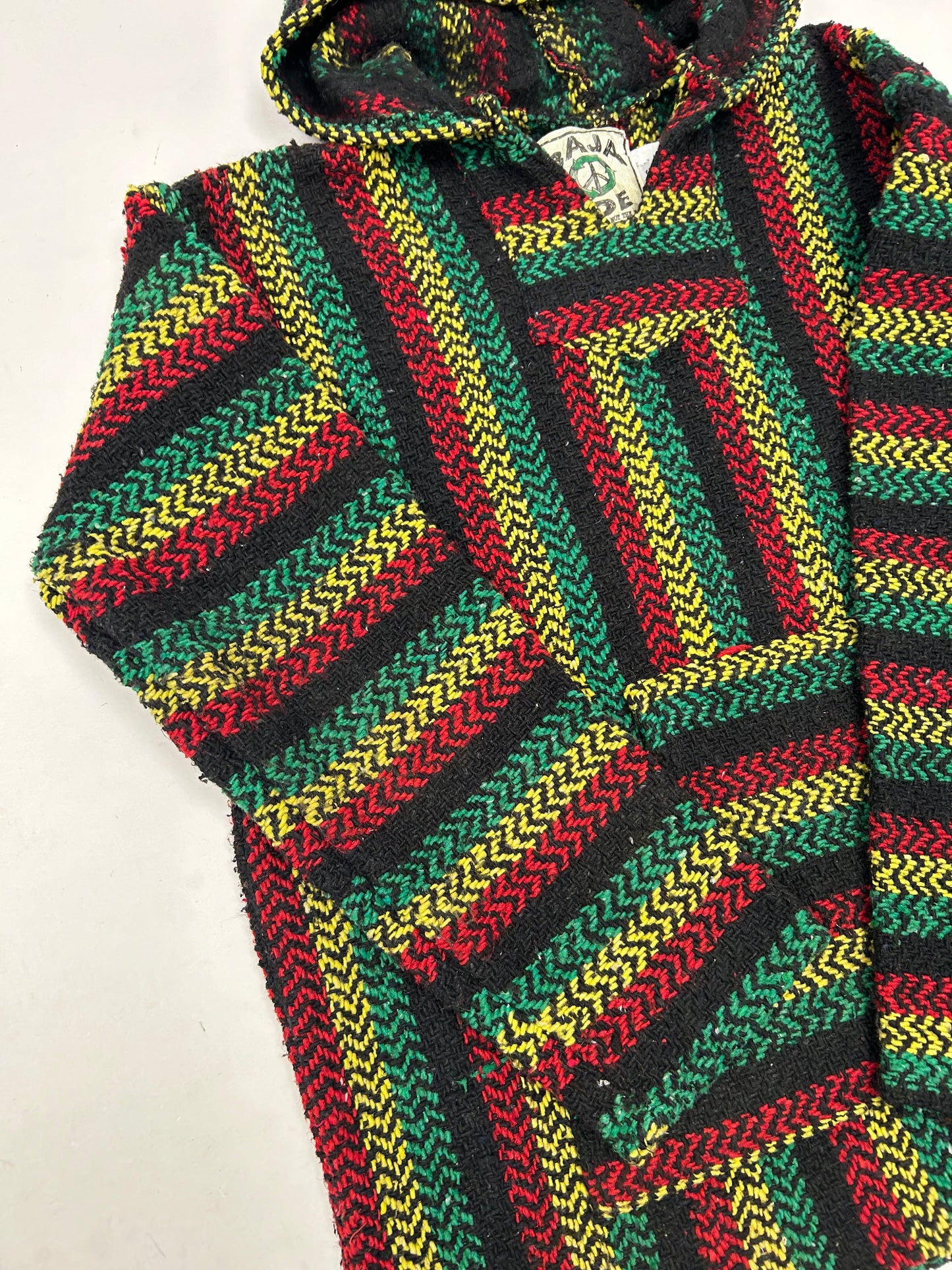 BAJA JOE Drug Rug Rasta Woven Knit Sweater Hoodie Jamaca Tagged Small Mexico
