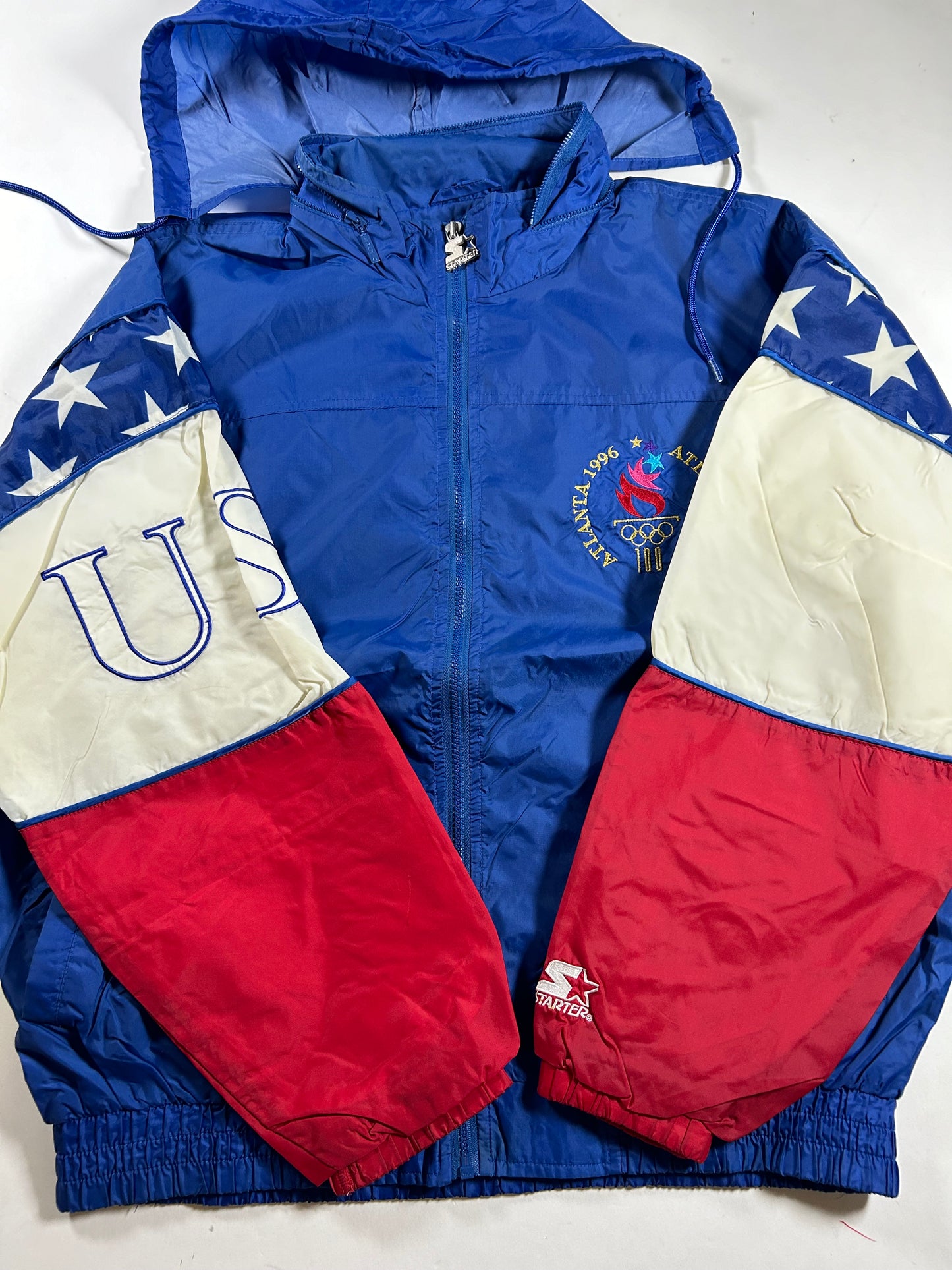 Vintage Starter 96 Atlanta Olympics Team USA Packable Hood Windbreaker Full Zip Jacket  Large 27.5x27.5 Inches