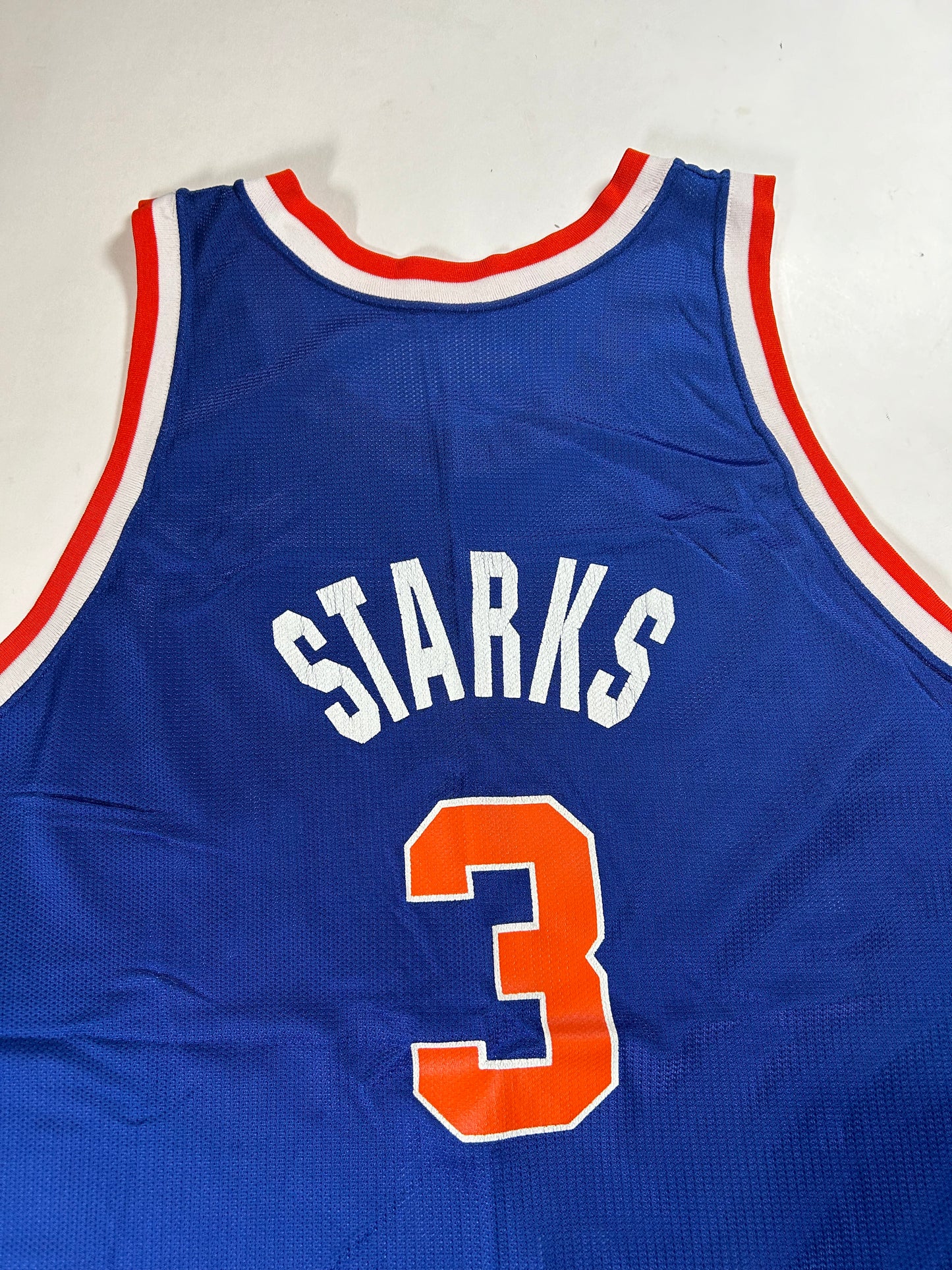 Vintage 90s Champion John Starks #3 New York Knicks NBA Felt Patch Jersey Blue 48 XL 23.5x32.5 Inches