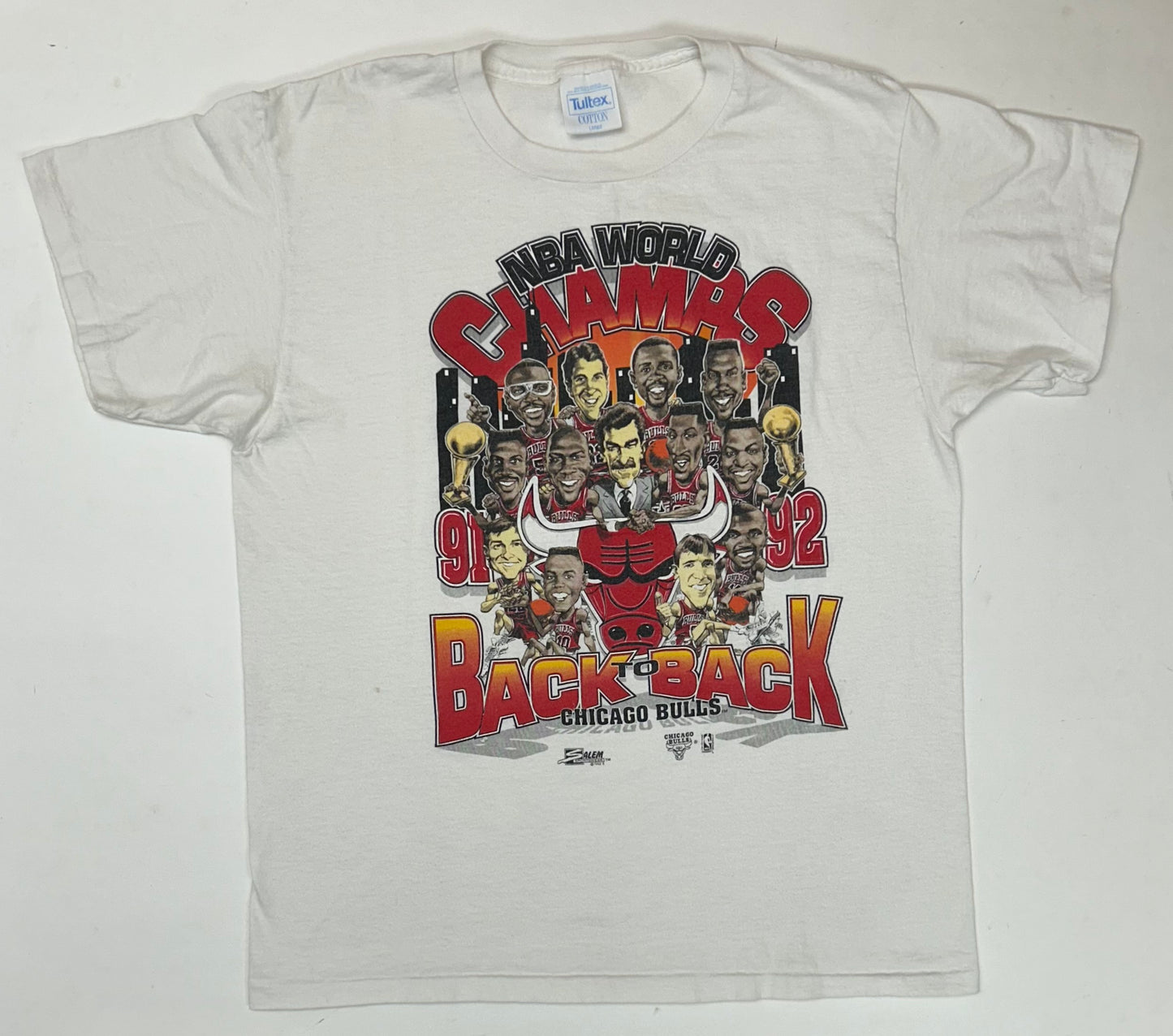 Vintage 1992 Chicago Bulls 2 Time NBA World Champs Caritcure Team Salem Sportswear Graphic Tee Large/Medium Fit 20.75x Inches