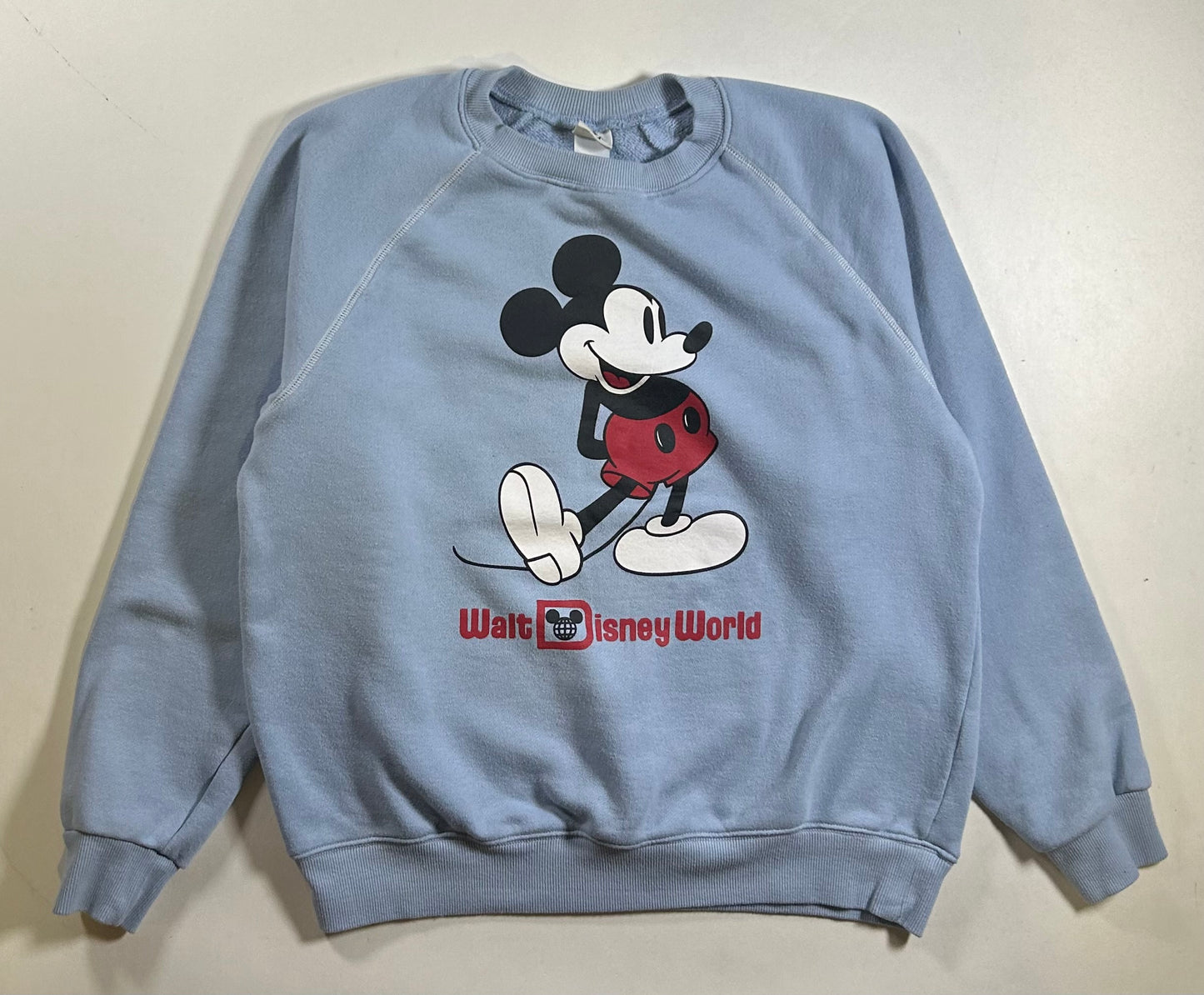 Walt Disney World Mickey Mouse Crewneck Sweatshirt Light Blue As Is Medium/Small Fit 22.75x24.5 Inches