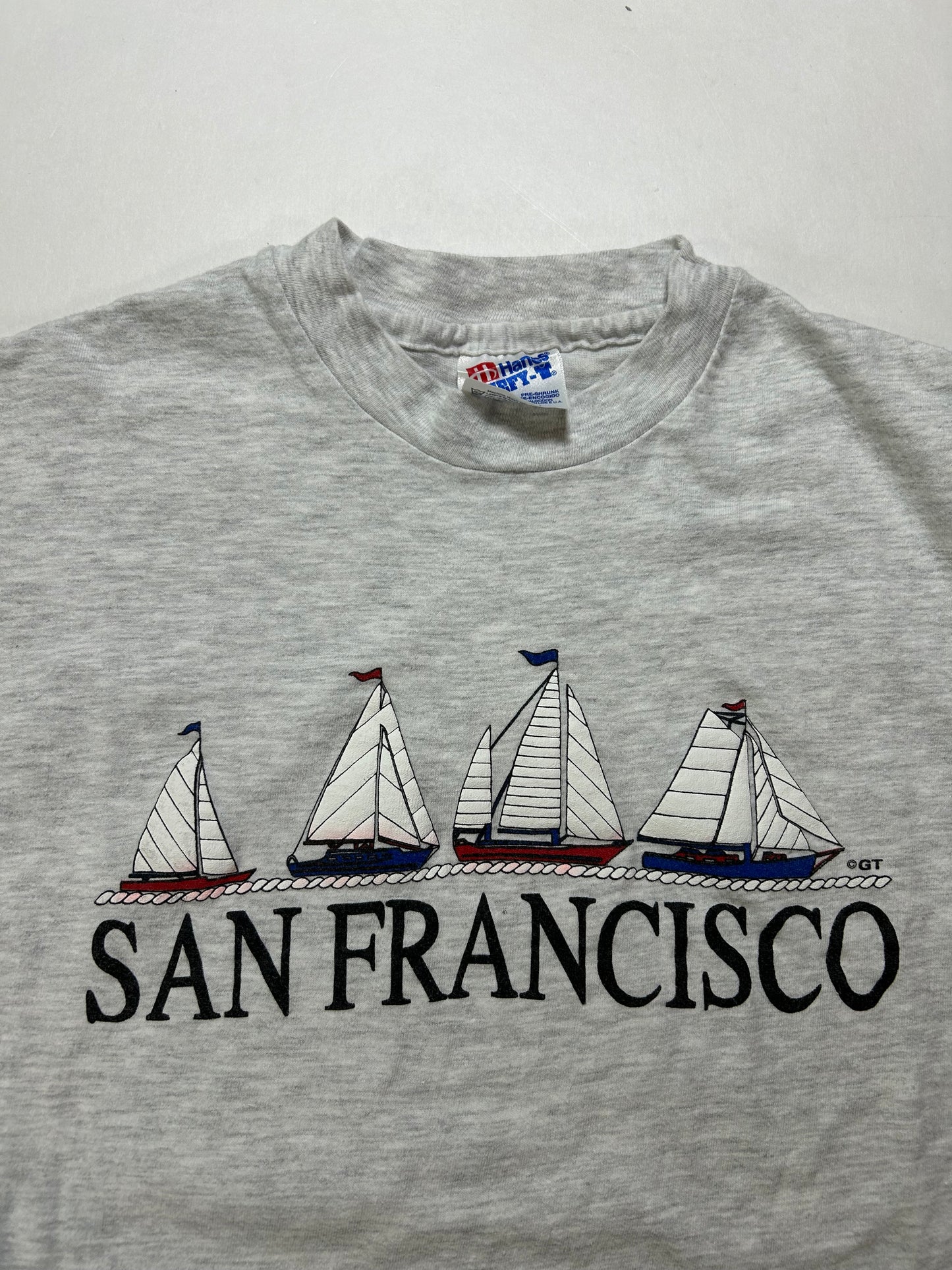 Vintage 90s San Francisco Sailboats Graphic Long Sleeve Tee Large/Medium 21.5x27 Inches Gray