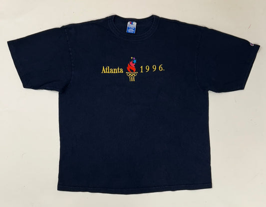 Vintage Champion 1996 Atalanta Olympics Embroidered Logo Tee Navy XL 24.25x28.5 Inches