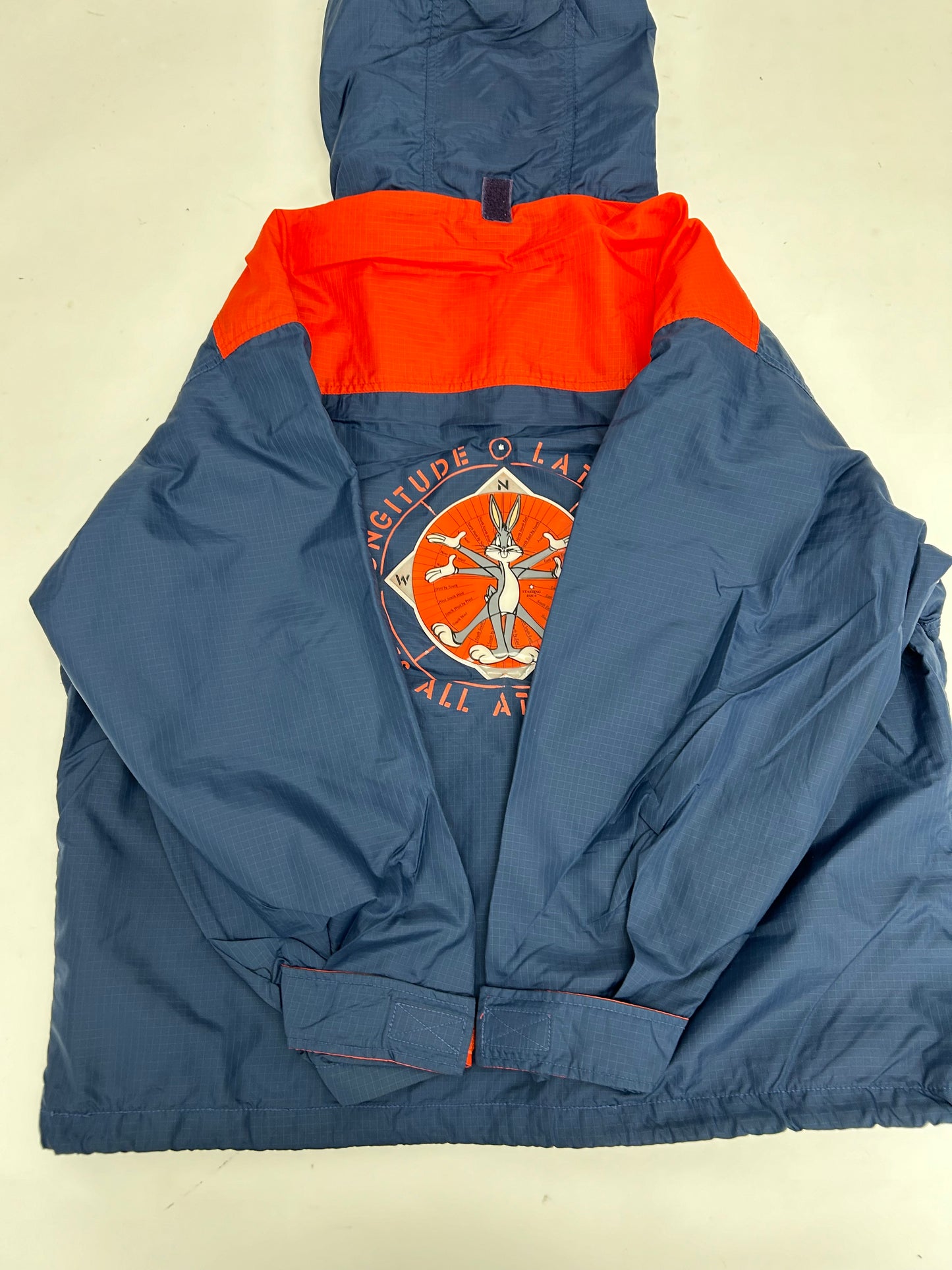 Vintage 1996 Warner Bros. Looney Tunes Bugs Bunny Longitude/Latitude Windbreaker Jacket Large 27.25x29.25 Inches Can Fit XL