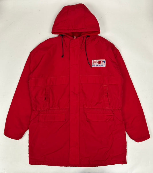 Vintage Chalk-Line MLB This Week In Baseball Zip Long Trench Style Jacket Size Tagged Large 26.5x36.5 Inches As Is Has Wear