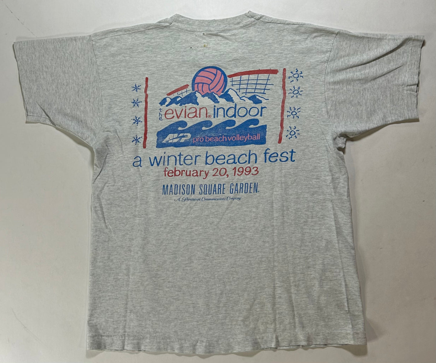 Vintage 1993 The Evian Indoor Pro Beach Volleyball A Winter Beach Fest Madison Square Garden Promo Tee Large 21.5x27.25 Inches As Is Worn In