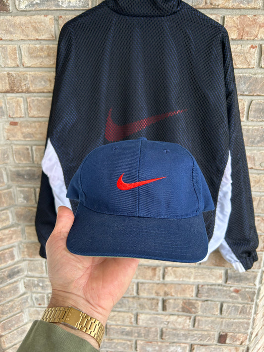 Vintage 90s Nike Swoosh Logo Embroidered SnapBack Hat Navy/Red Taiwan