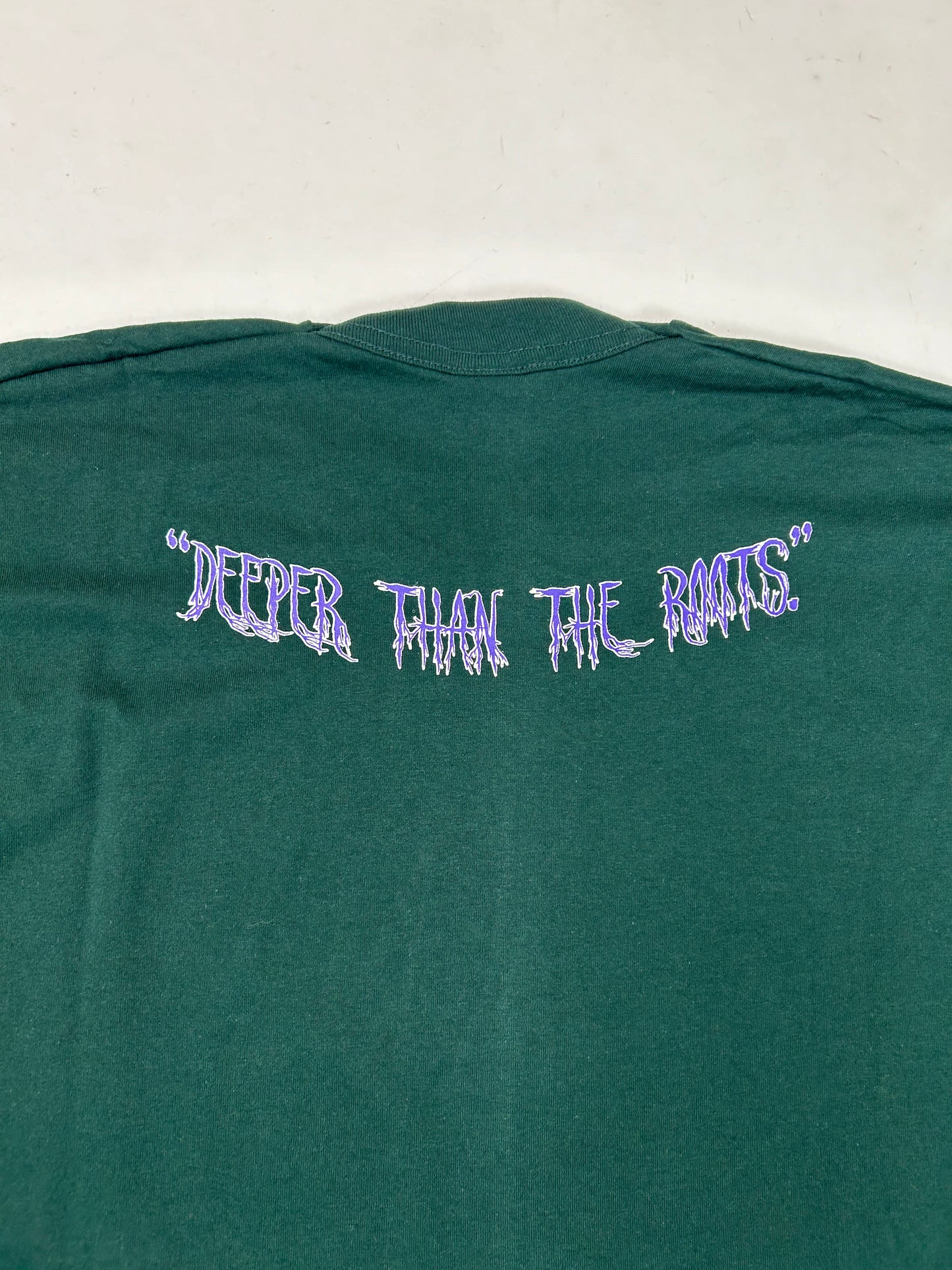 Edgewood NJ first edition “Deeper Than The Roots.” Tee 2XL 90s Fruit Of The Loom USA 50/50 Blend Dark Forest Green