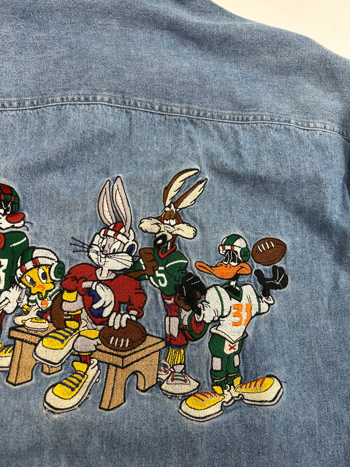 Vintage 1993 Acme Clothing Co. Warner Bros Football Embroidered Logo Denim Button Up Shirt Medium 23.75x30.75 Inches