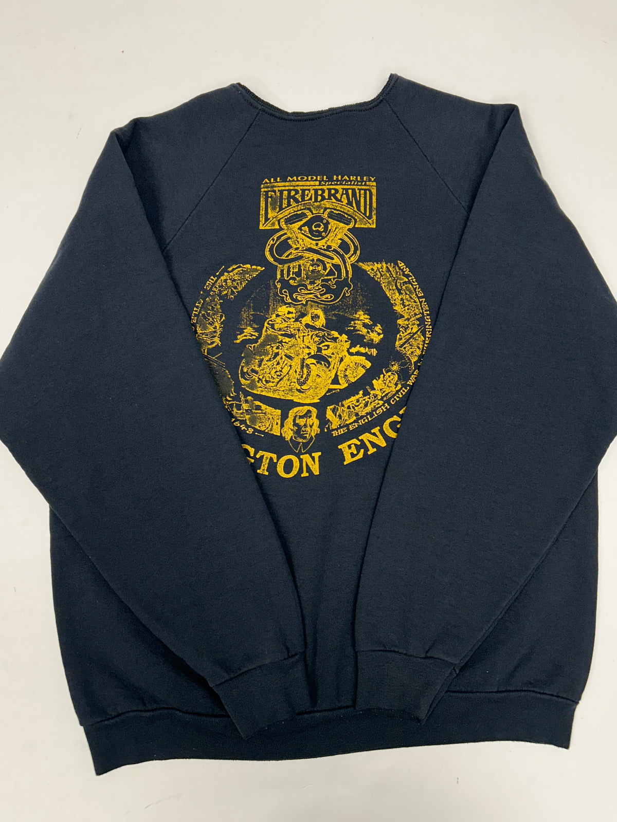 Vintage All Model Harley Specialist Fire Brand Warrington England Crewneck Sweatshirt Chopped Collar M/L Fit 22.75x27 Inches As Is Faded & Worn In