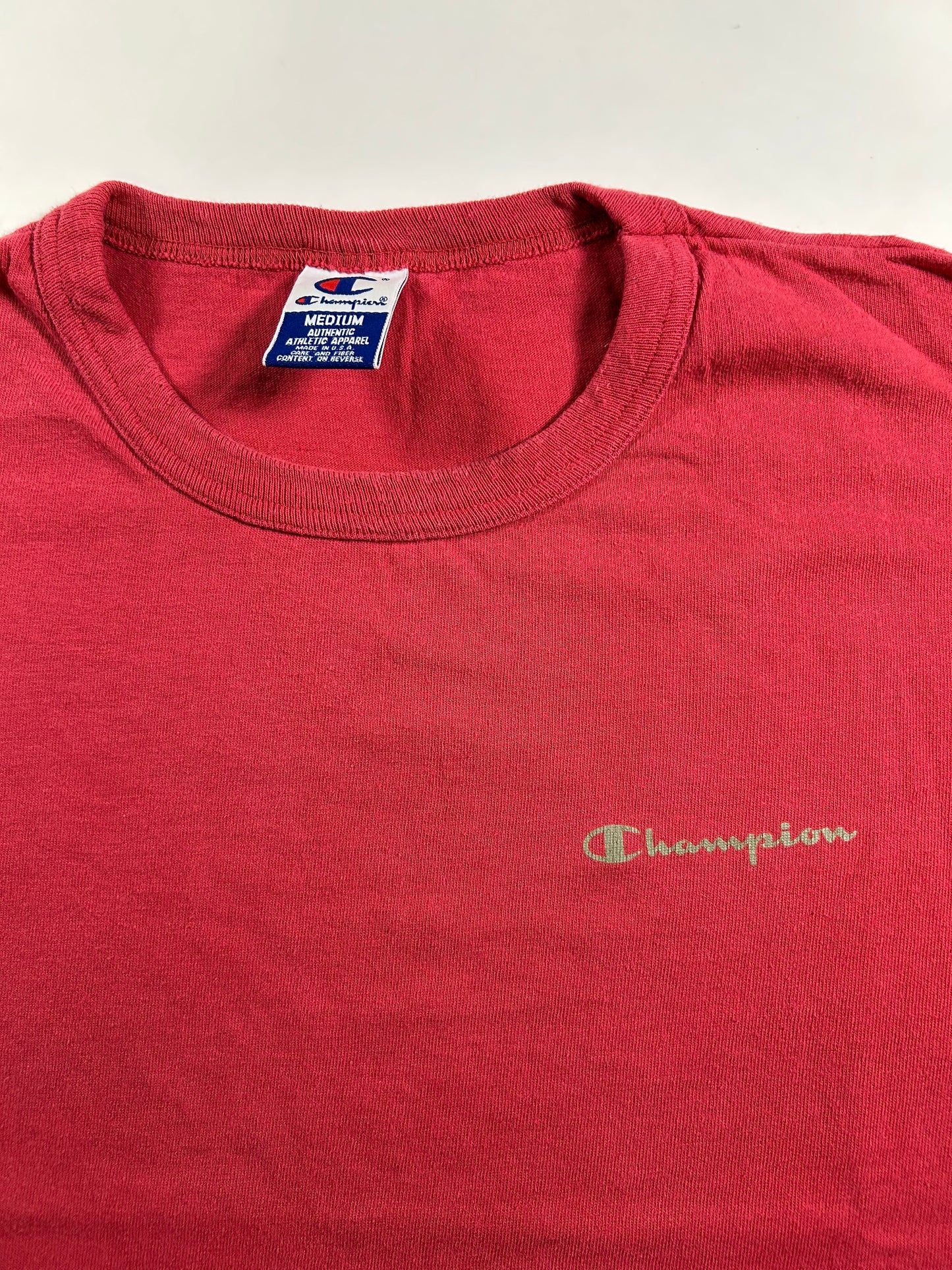 Vintage 90s Champion Chest Script Tee Red Medium 21.5x26.25 Inches