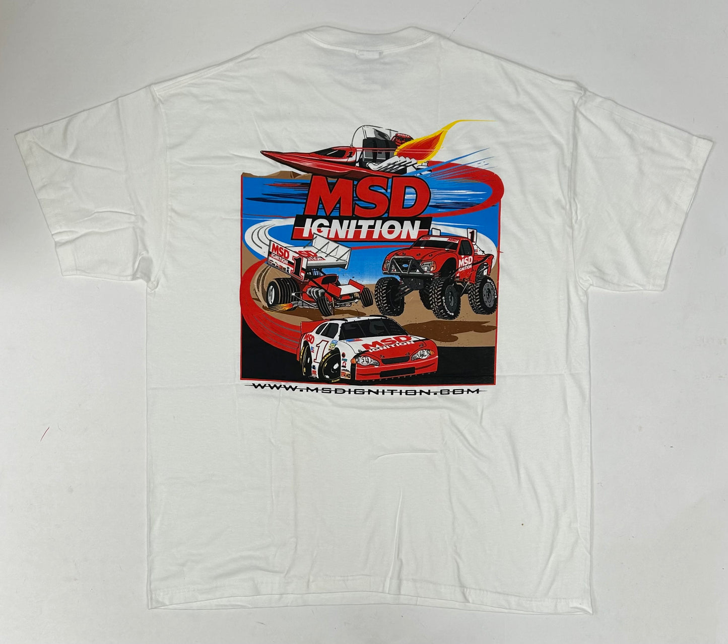 Vintage MSD Ignition Racing T-Shirt Hanes Beefy Hot Rod Graphics Cars XL 24.25x31.5 Inches White