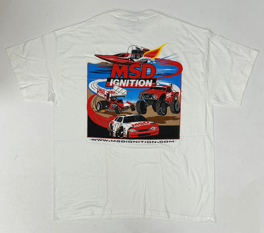 Vintage MSD Ignition Racing T-Shirt Hanes Beefy Hot Rod Graphics Cars XL 24.25x31.5 Inches White
