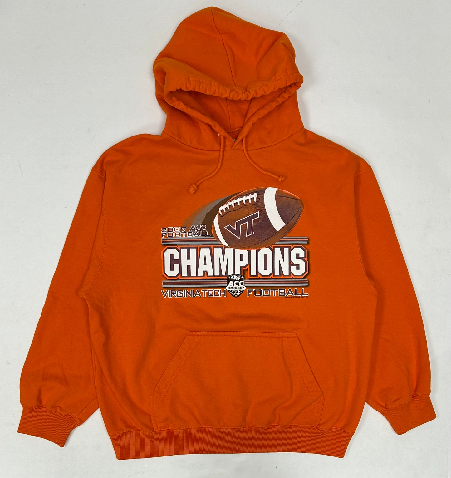 2007 Virginia Tech ACC Football Champions Hooded Sweatshirt Orange Medium 23.75x27 Inches