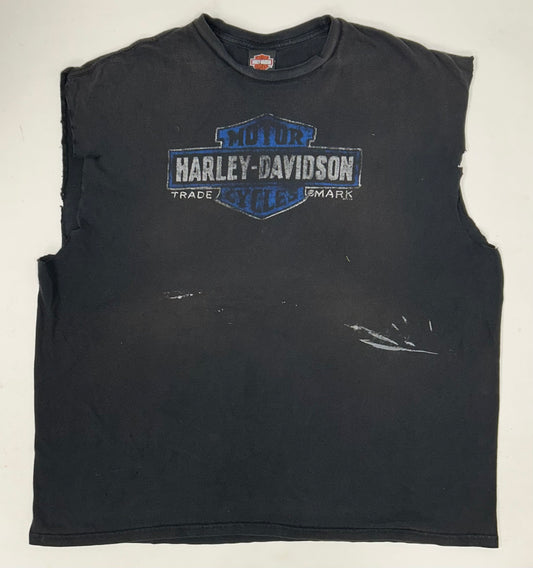2010s Harley Davidson Motorcycles Six Bend Fort Myers Florida Chopped Sleeveless Tee 3XL 28.25x31.25 Inches As Is Wear & Fading