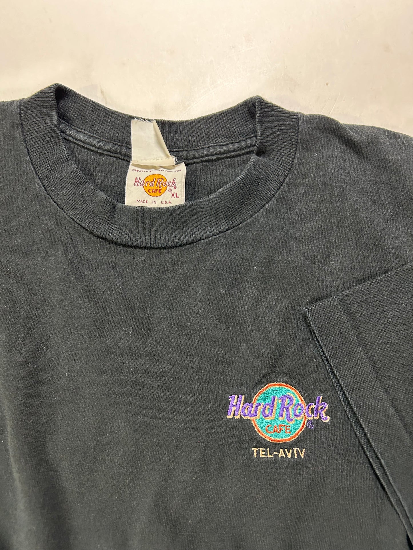 Vintage 90s Hard Rock Cafe Tel-Aviv Embroidered Chest Logo Tee XL USA 100% Cotton