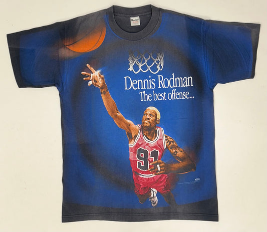 Vintage 1997 Dennis Rodman “The Best Offense Is A Great Defense” All Over Print Tee Tagged Large 22.5x30.5 Inches