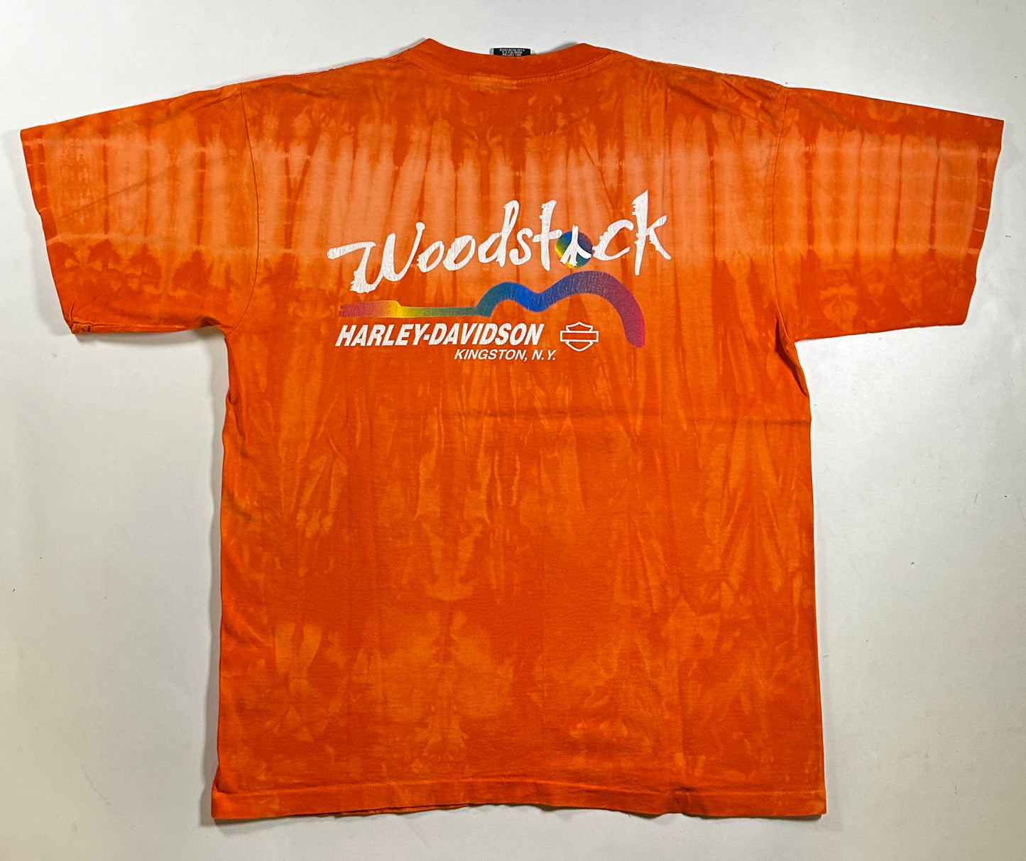 Vintage Harley Davidson Motorcycles Woodstock Tie Dye Orange Flames Tee L/XL Fit 24.25x31 Inches