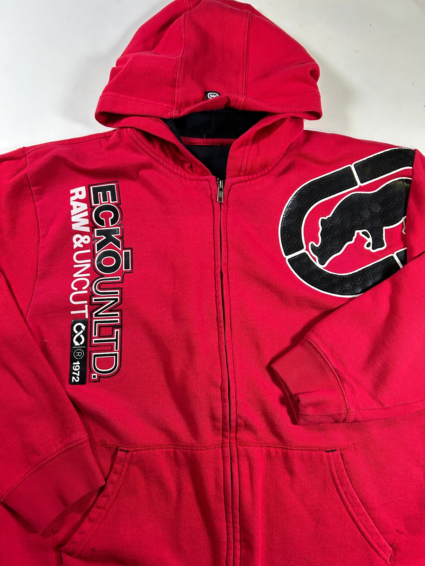 Vintage Eckō Unltd. Raw & Uncut Zip Hooded Sweatshirt Medium 22.75x27.5 Inches Red As Is