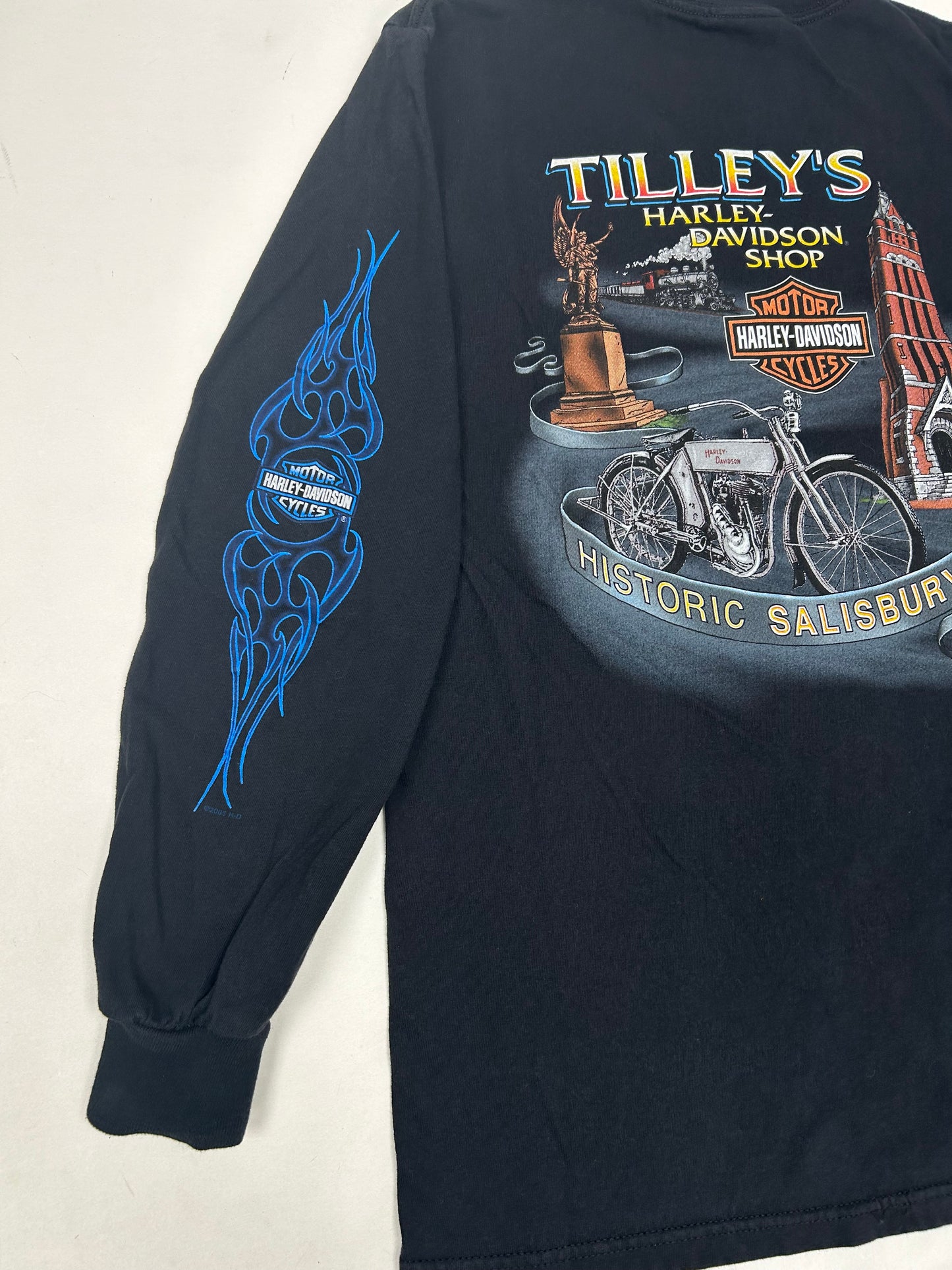 Vintage 2000s Harley Davidson Motorcycles Tilley’s Historic Salisbury, NC Flame Long Sleeve Ride It Hot Tee Small 18x28 Inches Black