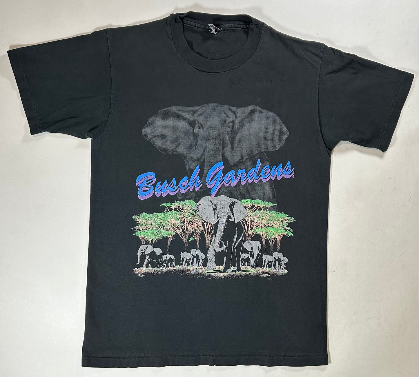 Vintage Busch Gardens Elephant Animal Graphic T-Shirt Fits Medium 19.75x28 Inches As Is Has Wear & Pin Holes Great Fade