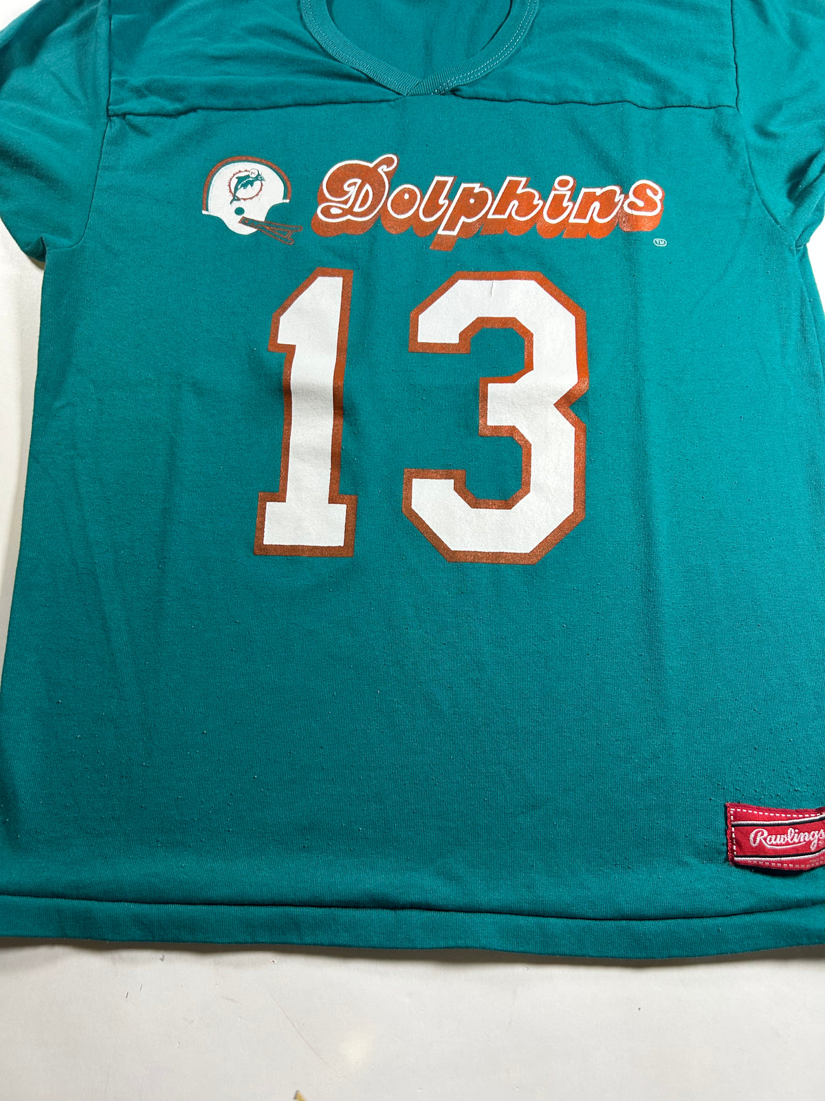 Vintage 1980s Rawlings Miami Dolphins Dan Marino #13 jersey-style t-shirt M/L 20.25x27.75 Inches