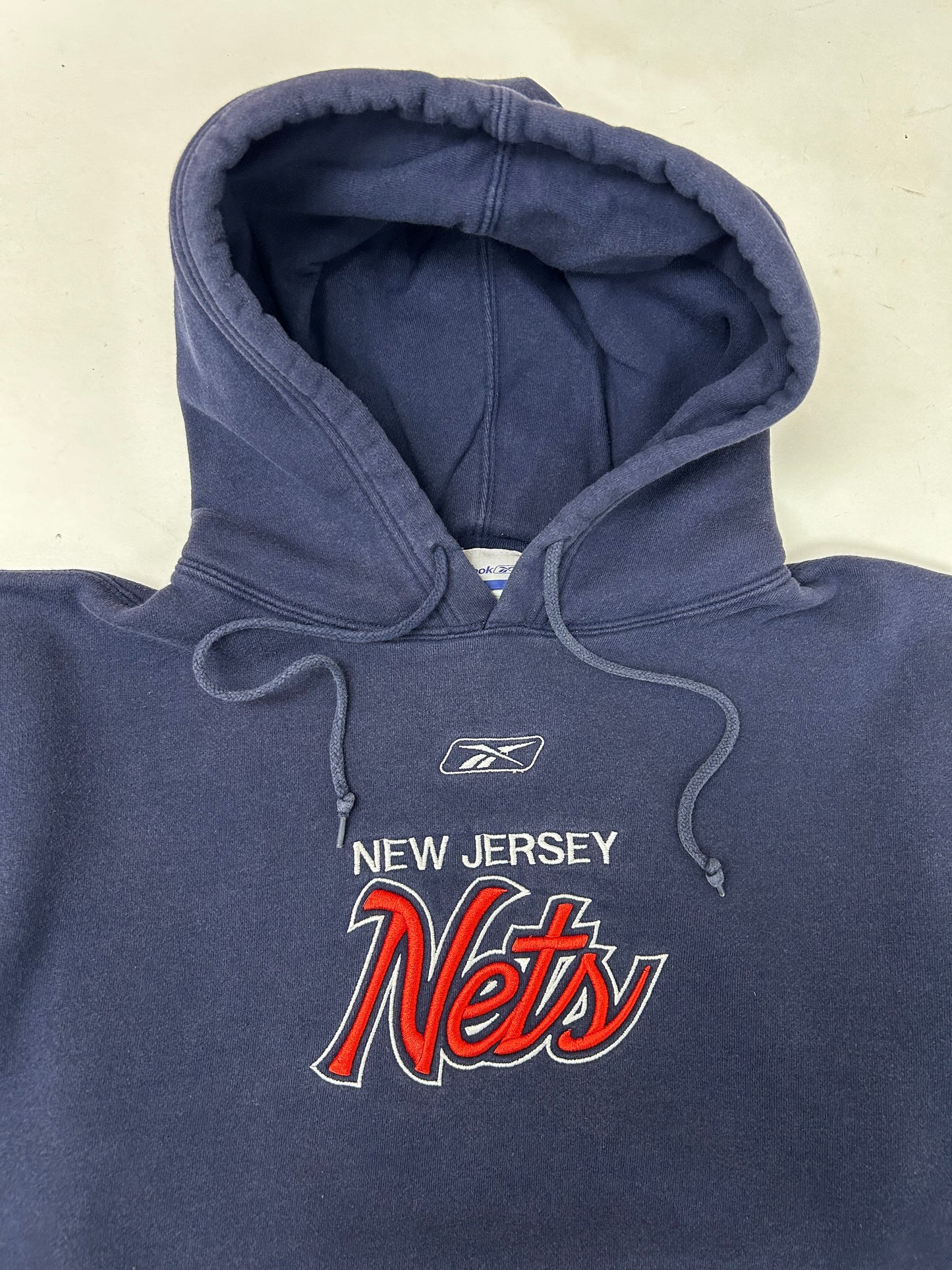 Vintage 00s Reebok New Jersey Nets NBA Hooded Sweatshirt Medium 23.25x26.5 Inches Worn Navy