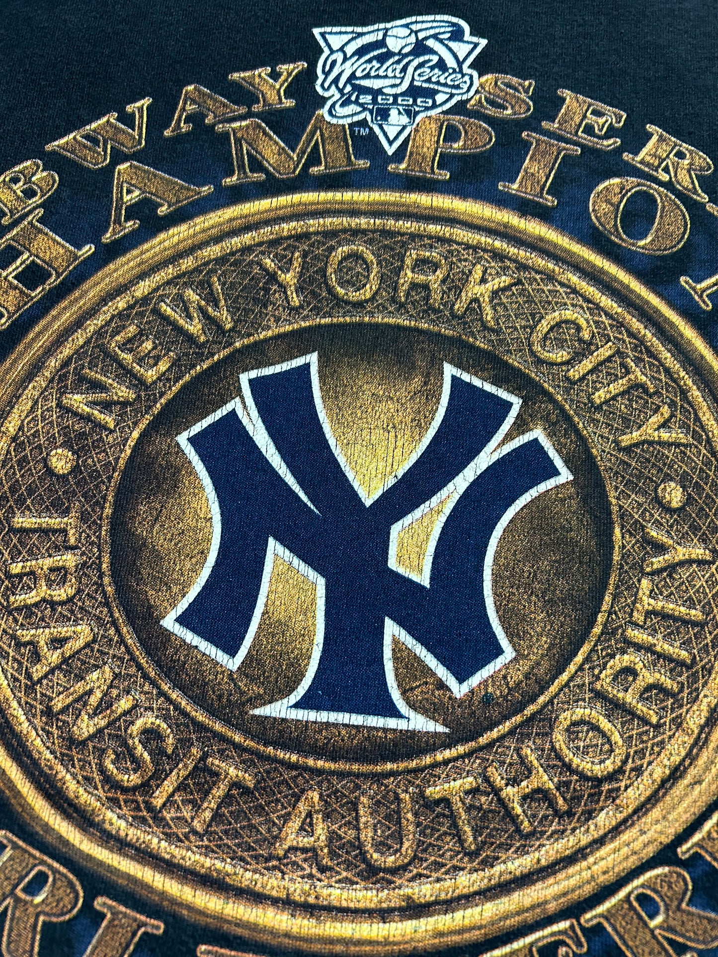 Vintage Logo Athletic New York Yankees 2000 Subway Series World Series Champions Tee 2XL 26.25x30 Inches Faded Black