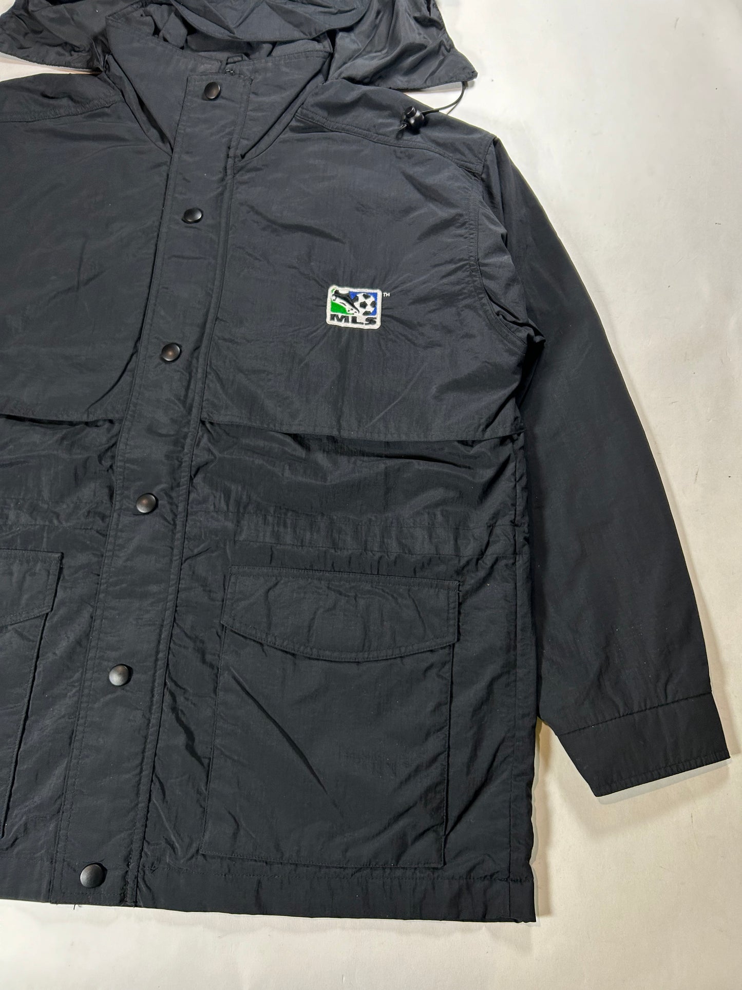 Vintage MLS Soccer Tri Mountain Black Windbreaker Zip Jacket 25.25x31 Big Fit Mediumish