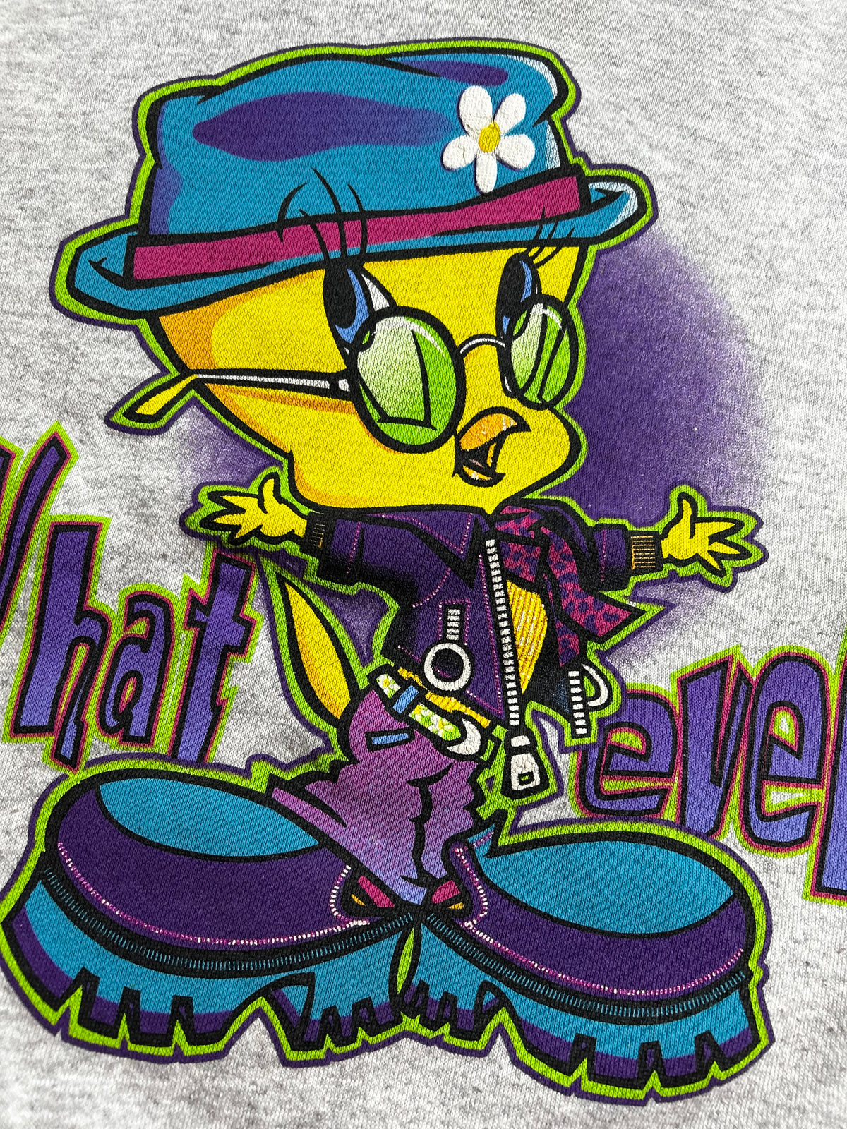 Vintage 1999 Warner Bros Tweety Bird Whatever Attitude Peace Crewneck Sweatshirt Boxy Fit 25.25x25.5 Inches