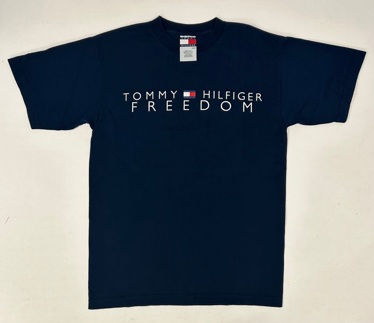 Vintage Tommy Hilfiger Freedom Jeans T Shirt Spell Out Navy Blue Medium USA 90s