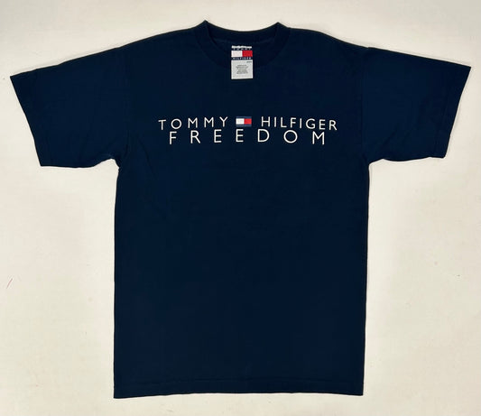 Vintage Tommy Hilfiger Freedom Jeans T Shirt Spell Out Navy Blue Medium USA 90s