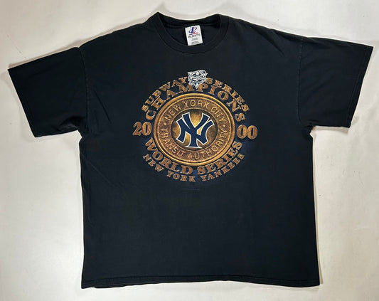 Vintage Logo Athletic New York Yankees 2000 Subway Series World Series Champions Tee 2XL 26.25x30 Inches Faded Black