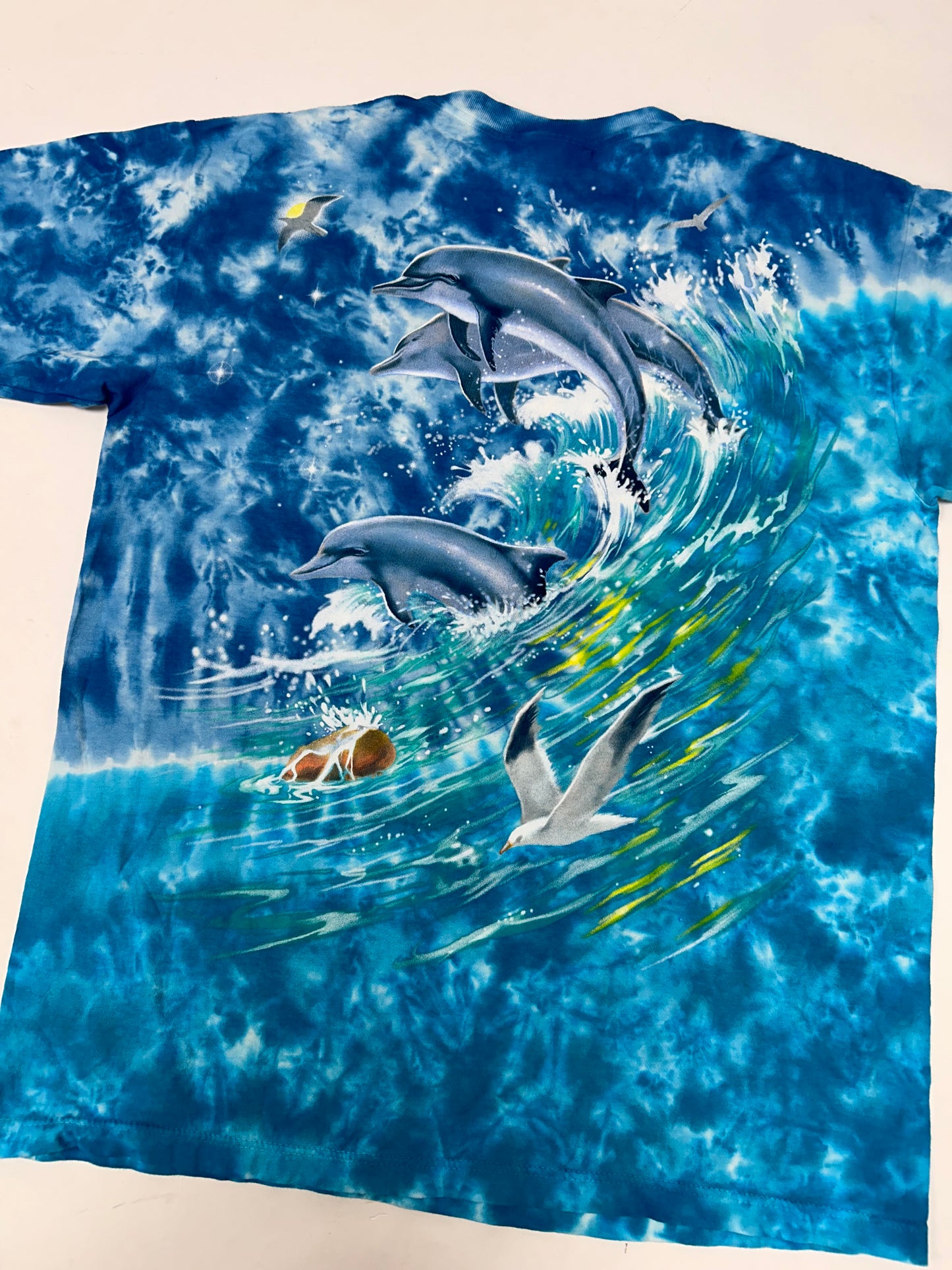 Vintage Liquid Blue Dolphin AOP Blue Ocean Tie Dye Beach Water Shirt Large 22.75xx29.5 Inches USA