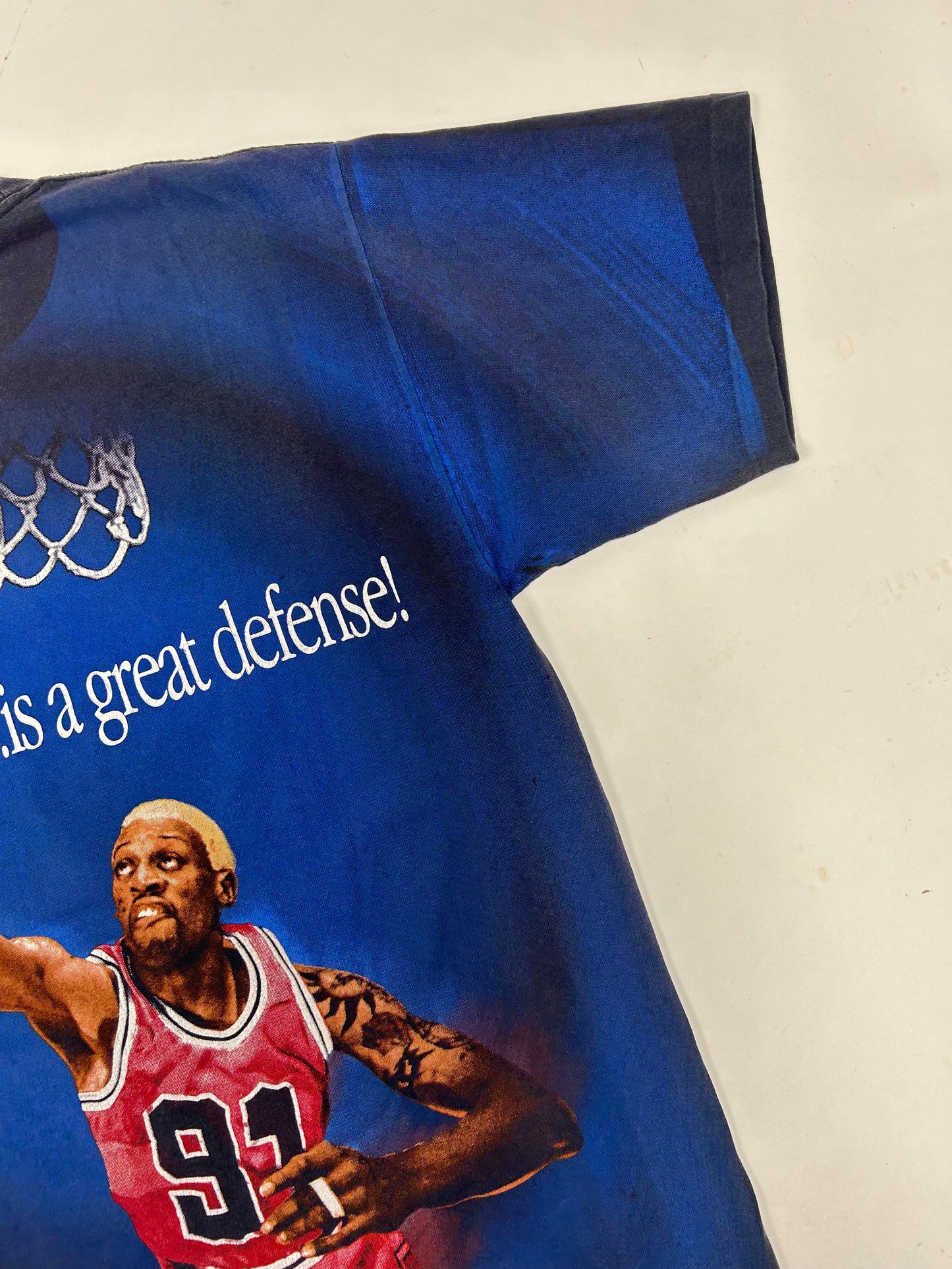 Vintage 1997 Dennis Rodman “The Best Offense Is A Great Defense” All Over Print Tee Tagged Large 22.5x30.5 Inches