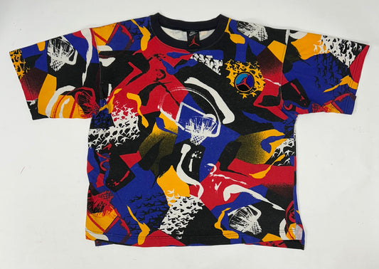 Vintage Nike Air Jordan VIII 8 Aqua AOP Multicolor Tee Rare Boxy Medium 23.5x25 Inches