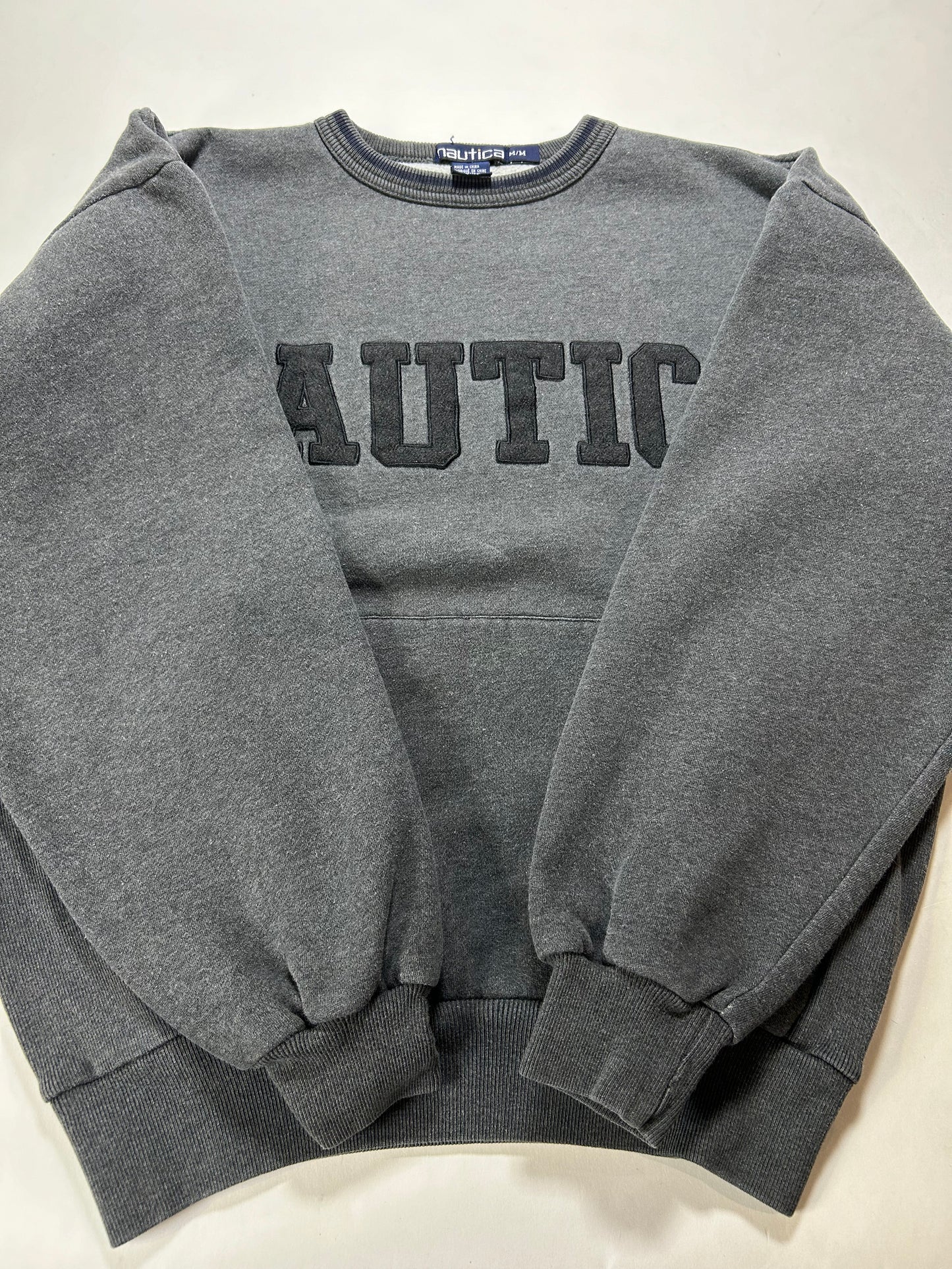 Vintage Nautica Spell Out Crewneck Sweatshirt With Pockets Gray Medium 25x25.25 Inches