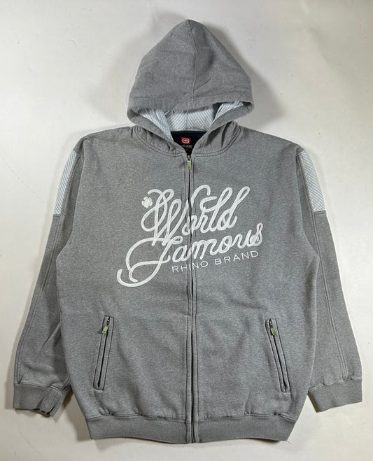 Vintage Eckō Unltd. World Famous Rhino Brand Hoody Hooded Zip Sweatshirt Medium/Large Fit 25x29.25 Inches Gray