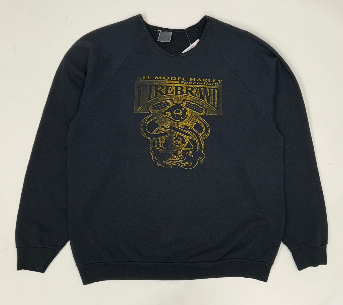 Vintage All Model Harley Specialist Fire Brand Warrington England Crewneck Sweatshirt Chopped Collar M/L Fit 22.75x27 Inches As Is Faded & Worn In