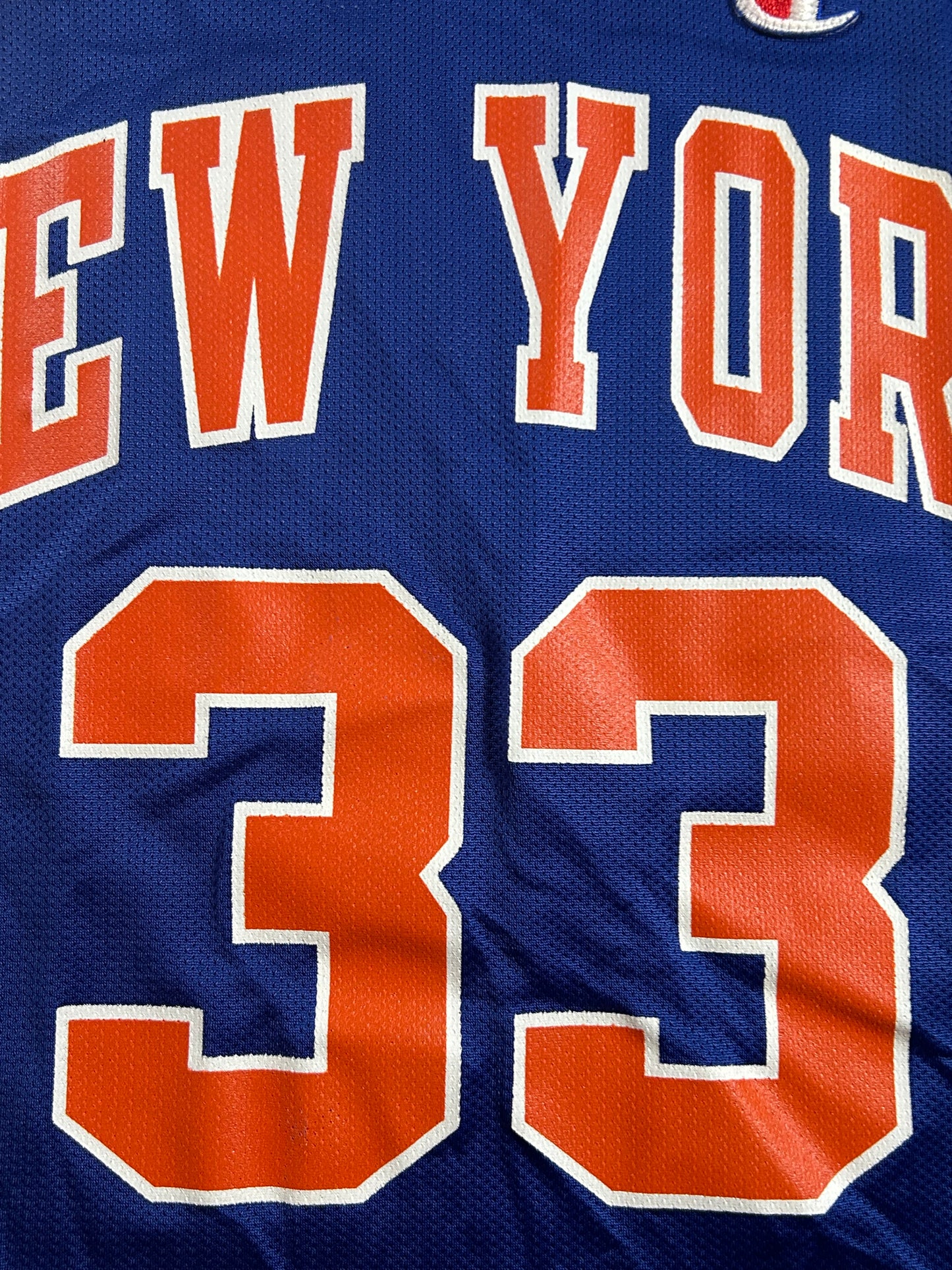 Vintage New York Knicks Patrick Ewing NBA Champion Basketball Jersey 48 XL 23.25x31.5 Inches As Is Has Flaw.