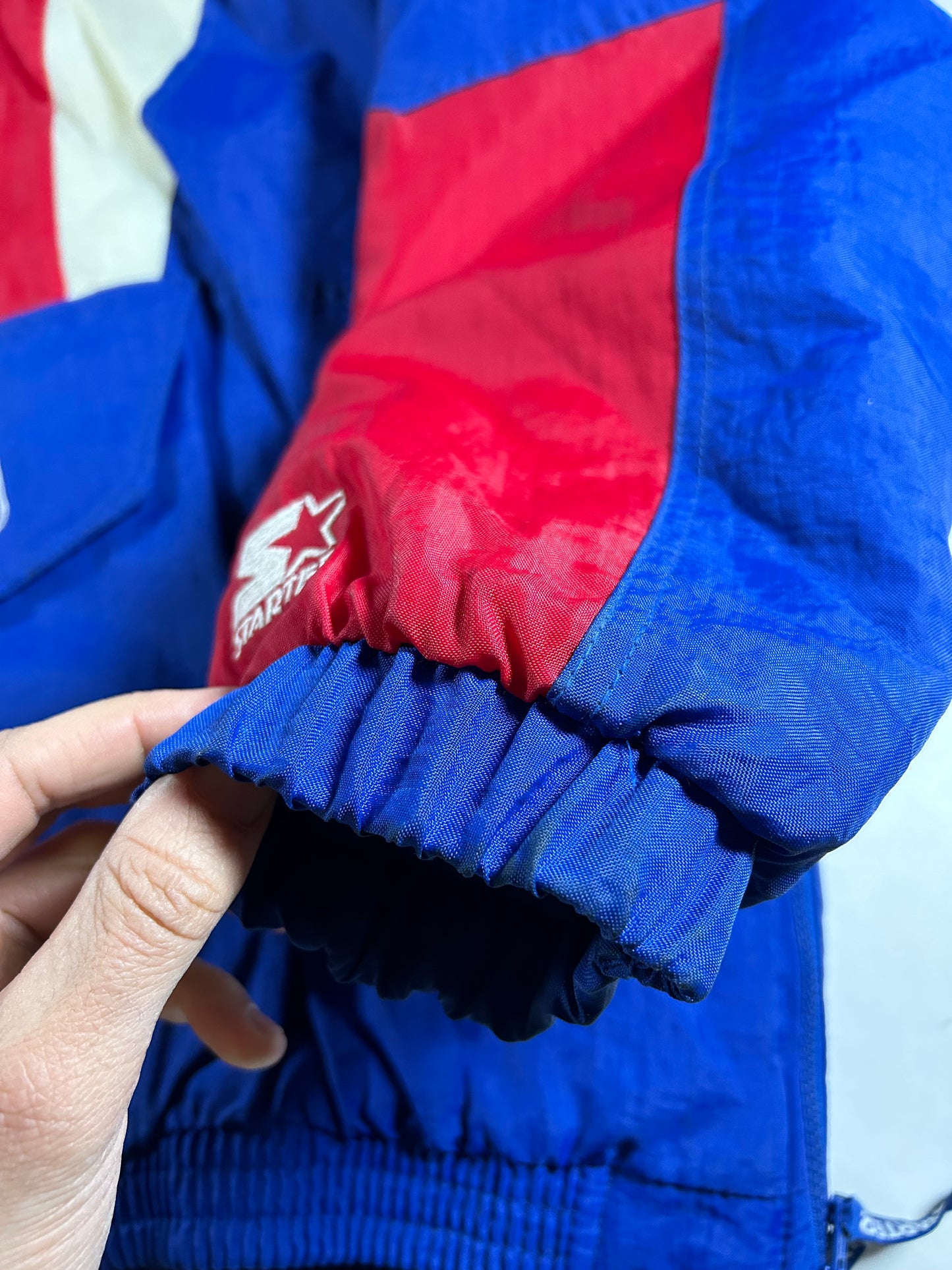 Vintage 90s Starter New York Rangers NHL Pullover Puffer Jacket Half Zip Hooded Jacket XL 29x30.25 Inches