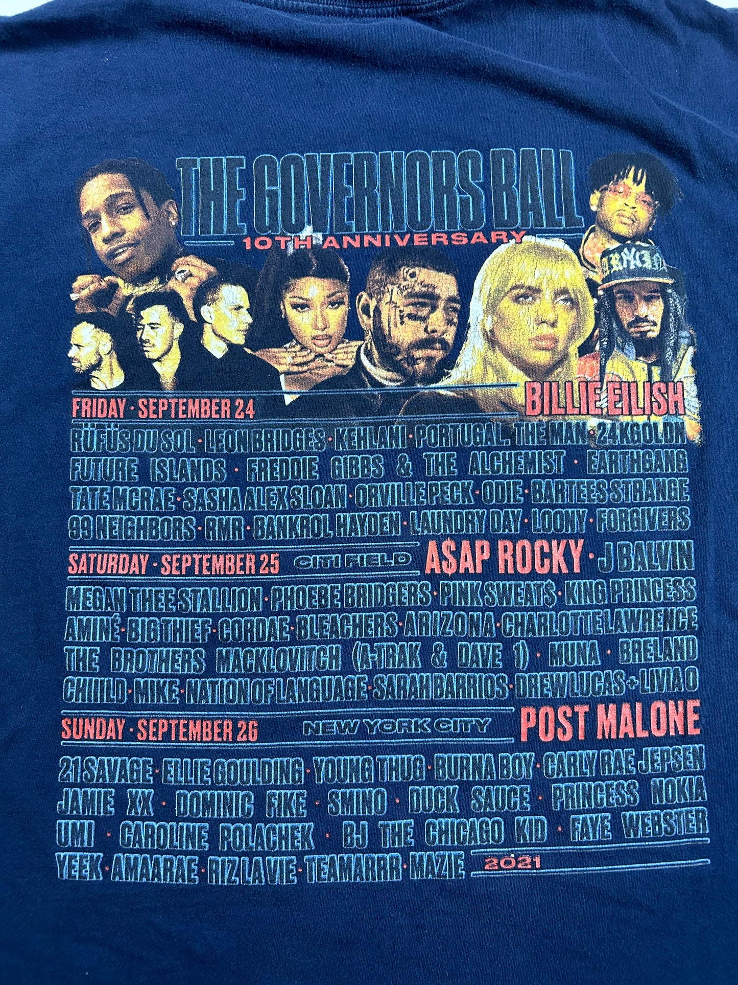 Governors Ball NYC 2021 Tour Shirt Billie Eilish Post Malone A$AP Rocky Medium 20.25x27 Inches