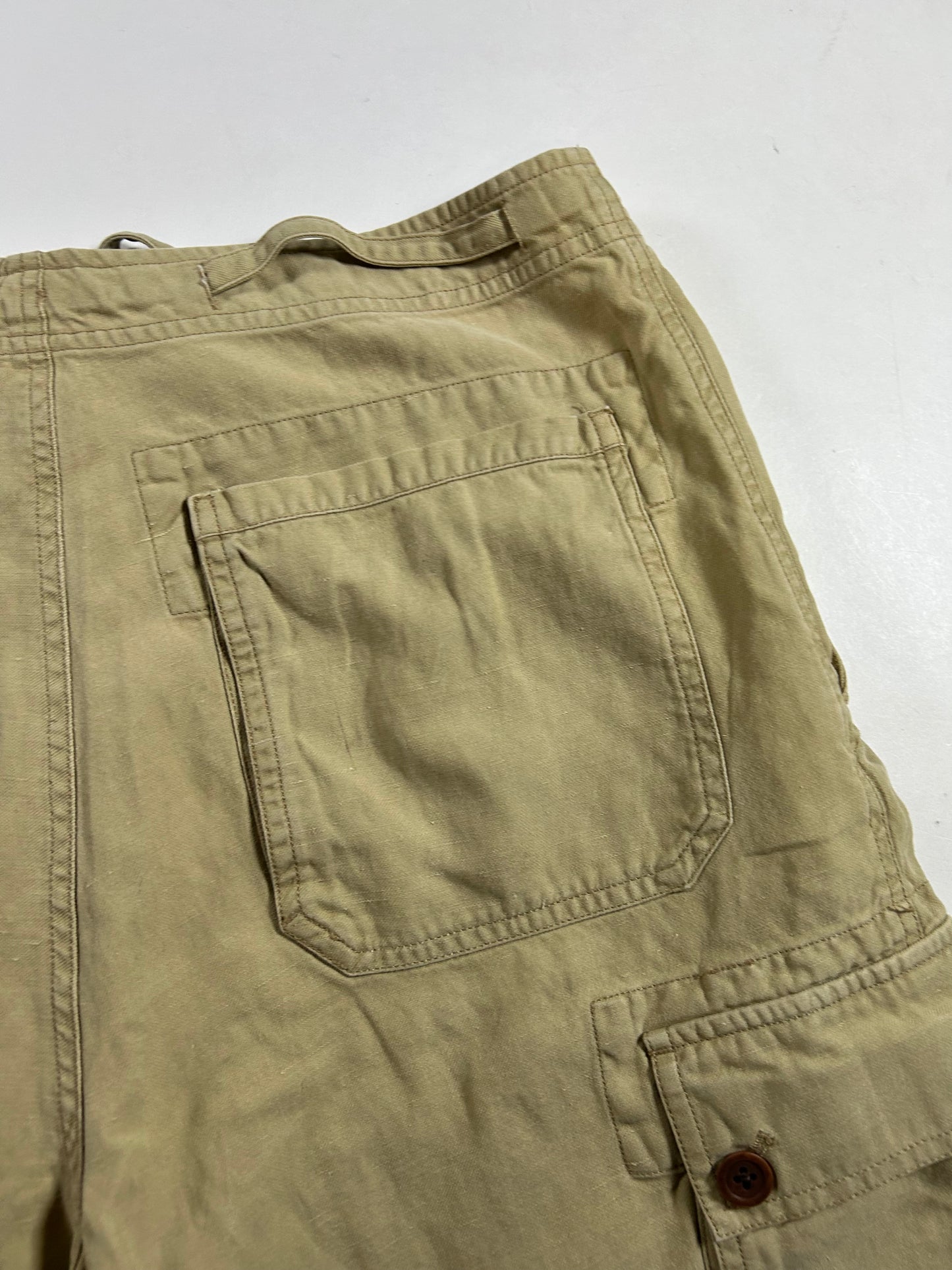 Vintage Polo Ralph Lauren Cargo Shorts Linen Silk Beige Drawstring Military Size 30 16.5x22.5 Inches