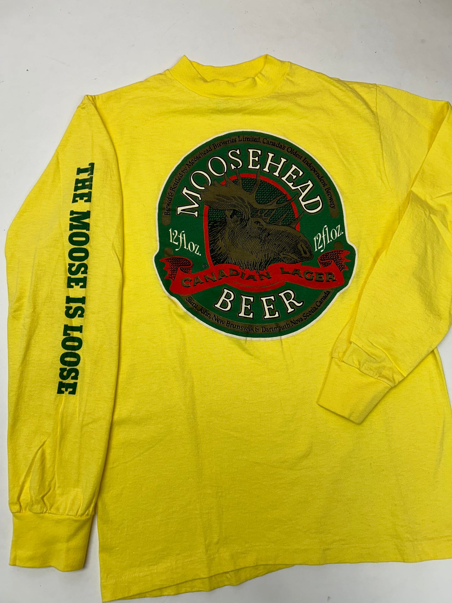 Vintage 80s Moosehead Beer Canadian Lager Long Sleeve T Shirt M/S 18.75x27 Yellow