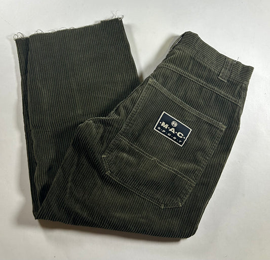 Vintage Mac Sport Corduroy Olive Green Wide Leg Pants 32-30ish Fit About 16.25x38 Inches Chopped Bottom Hems As Is
