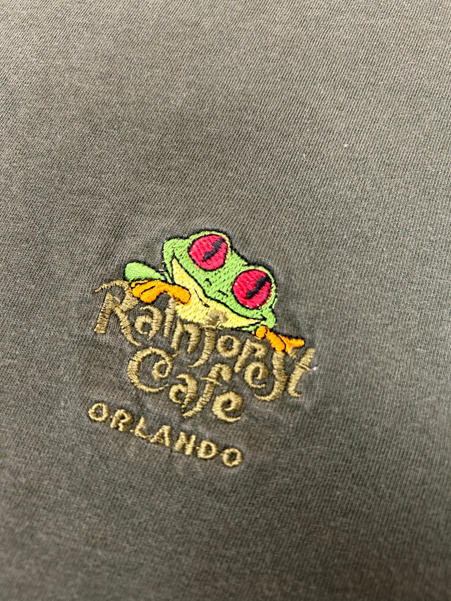 Vintage 90s Rainforest Cafe Chest Embroidered Logo Tee Medium 20x29.25 Faded Green