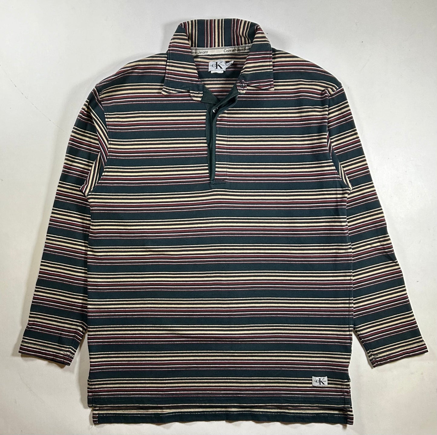 Vintage Calvin Klein Long Sleeve Striped Polo Shirt Rugby Style 22x30.25/31.5 Inches Mediumush Fit Tagged Small Fits Big