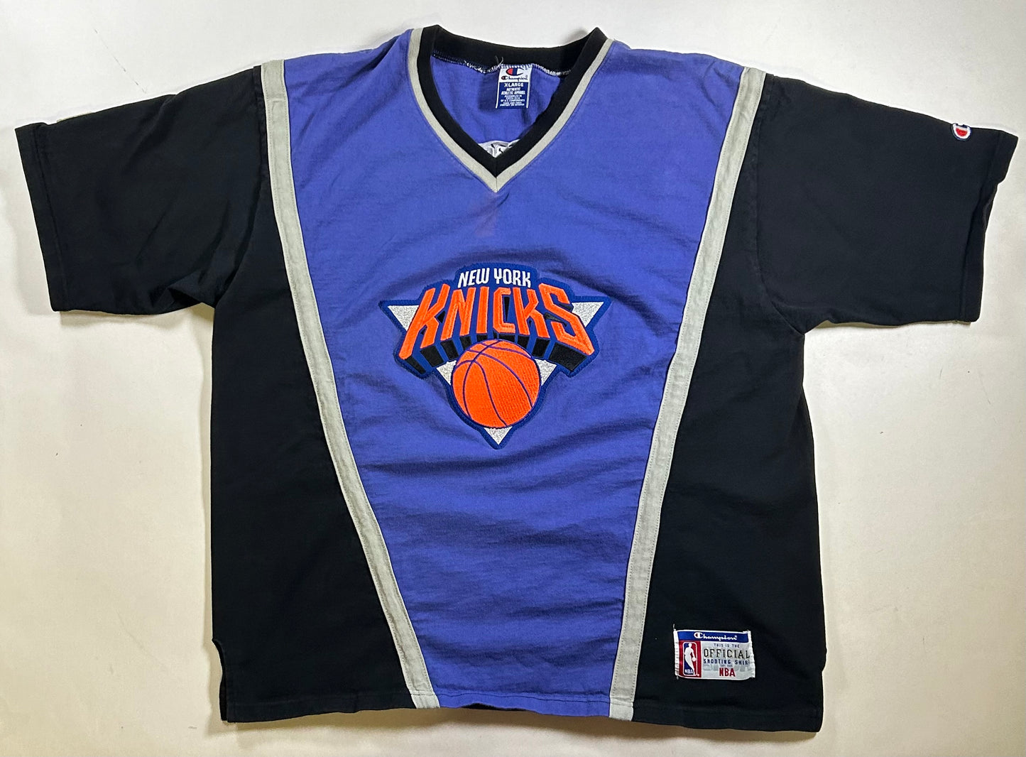 Vintage 90s New York Knicks Champion Authentic Shooting NBA Shirt XL 26x30.25 Inxhes As Is Has Faint Stain On Front Near V-Neck Area